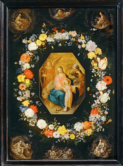 A Sagrada Família rodeada por uma grinalda de flores ... de Frans II the Younger Francken