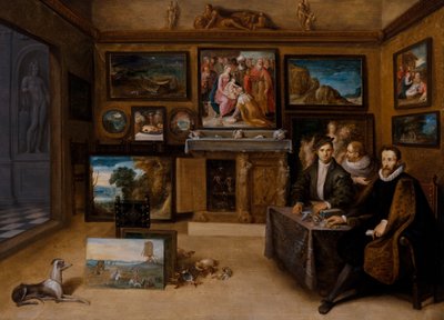O interior de um gabinete de colecionador com Justus Lipsius e dois conselheiros de Frans II the Younger Francken