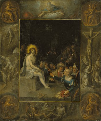 A zombaria de Cristo, em um ambiente sombrio representando Deus, o Pai, os evangelistas, a crucificação, a ressurreição e o diabo e a morte com a serpente coroada de Frans II the Younger Francken