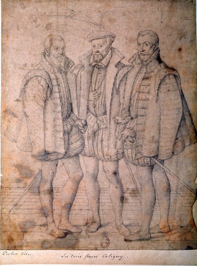 Retrato dos três Coligny: Cardeal Odet (1515-1571), Gaspard (1517-1572), Almirante de França e François (1521-1569), Senhor de Andelot. Desenho atribuído a Frans (François (Franz) Pourbus l