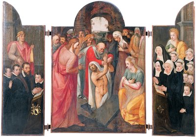Tríptico: a criação de Lázaro no compartimento central com um doador ajoelhado, apresentado por São Jacó e seus filhos na ala esquerda, sua esposa ajoelhada, apresentada por Santa Catharine e suas filhas na ala direita de Frans I Pourbus