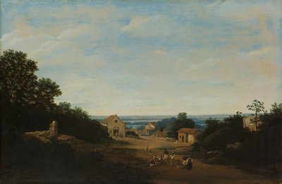 Paisagem brasileira com a aldeia de Igaraçú. À esquerda a igreja de Sts Cosmas e Damian de Frans Post