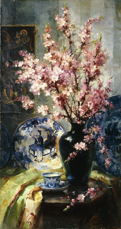 Flores de macieira e porcelana azul e branca sobre uma mesa de Frans Mortelmans
