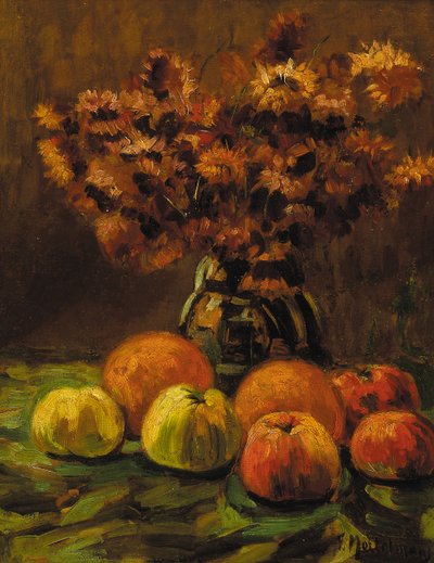 Maçãs, laranjas e um vaso de flores em uma mesa (óleo no painel) de Frans Mortelmans