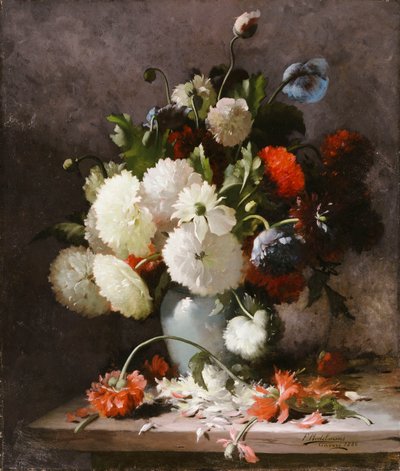 Peônias em uma borda de pedra de Frans Mortelmans