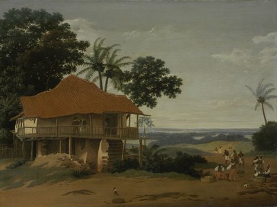 Paisagem Brasileira com Casa do Trabalhador, c.1655 (óleo sobre madeira) de Frans Post