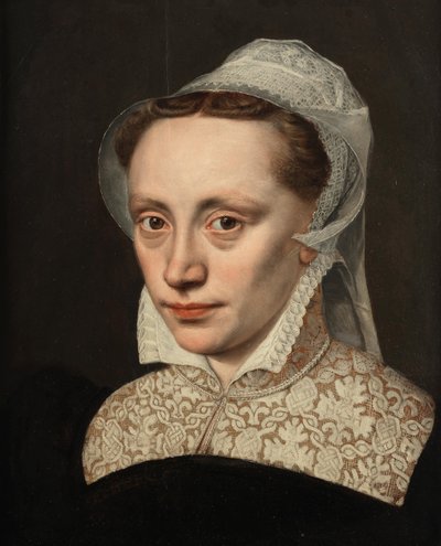 Retrato de uma senhora, à altura do busto, em traje preto com gola de renda branca e toucado de Frans Pourbus the Elder