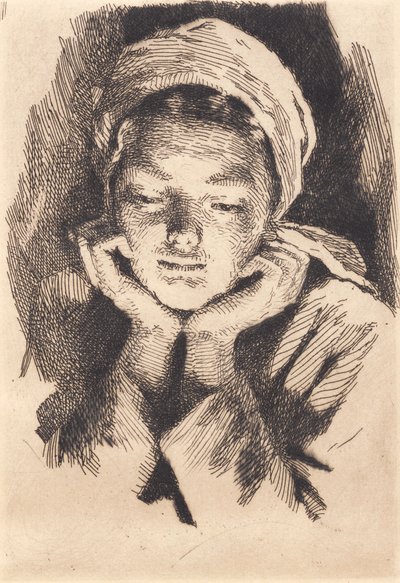 Jovem mulher com chapéu, en face, apoiando a cabeça nas mãos. Imagem do busto de Frans Schwartz