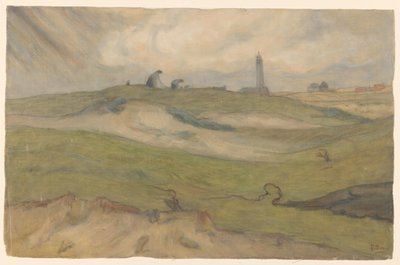 Paisagem dunar com farol e netmen de Frans Alexander Evert Lodewijk Smissaert