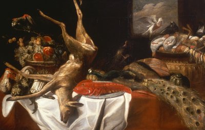 Um veado e pássaros mortos, uma lagosta em um prato, uma cesta de frutas e legumes (óleo) de Frans Snyders