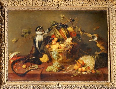 Dois macacos que assaltam um cesto de fruta ... de Frans Snyders