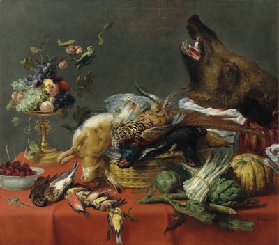 Mesa coberta com caça, fruta, legumes e cabeça de javali de Frans Snyders