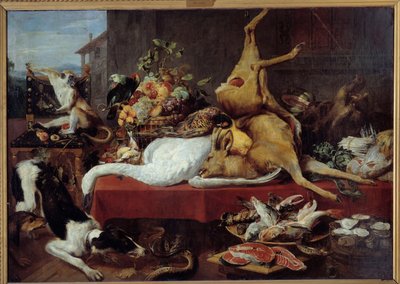 Natureza morta com veados Caça (faisão, ganso, veado), fatia de peixe, caranguejo, legumes. pintura de Frans Snyders (1579-1657) de Frans Snyders