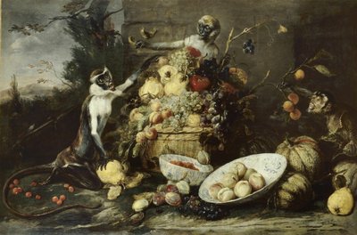 Três macacos a roubar frutos, com vista para uma paisagem de Frans Snyders