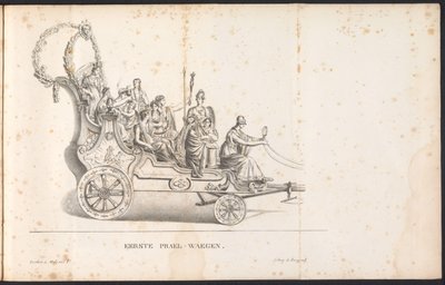 Primeiro carro alegórico na procissão de São Rombout, 1825
Primeiro Prael-waegen (título sobre o objecto) de Frans Vervloet