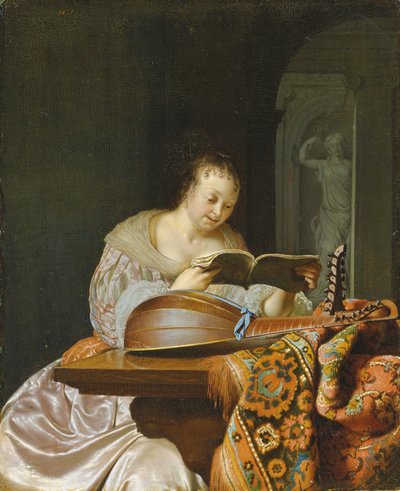 Um interior com uma mulher lendo música em uma mesa parcialmente coberta com um alaúde de cabeça dupla, 1671 de Frans van Mieris
