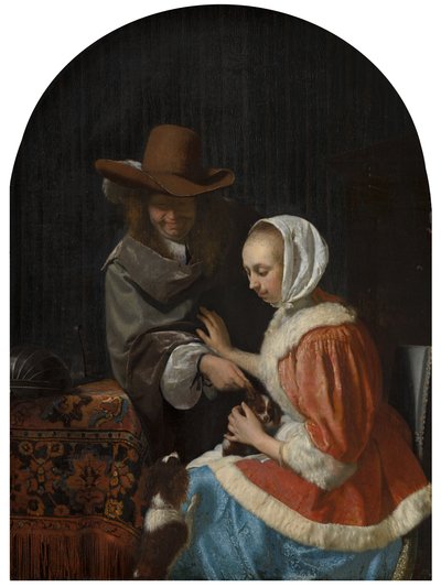 Homem e mulher com dois cães, conhecido como "Teasing the Pet", 1660 de Frans van Mieris