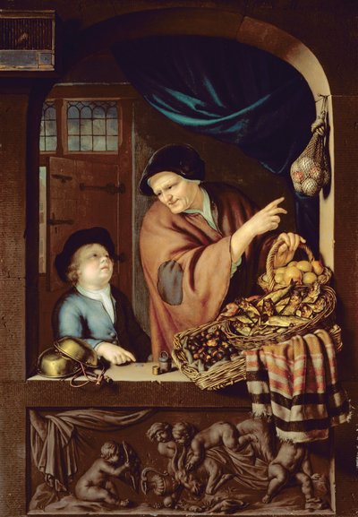 O Chesnut e Kipper Vendedor, 1722 (óleo em carvalho) de Frans van Mieris
