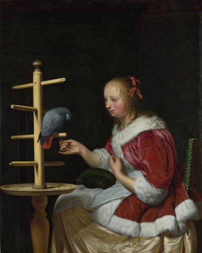 Uma Mulher de Casaco Vermelho alimentando um Papagaio, ca. 1663 de Frans van Mieris the Elder
