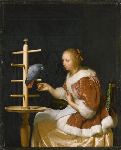 Jovem mulher alimentando um papagaio, 1663. de Frans van Mieris the Elder