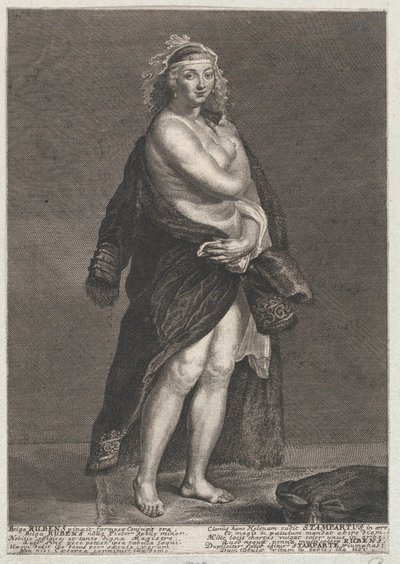 Retrato de Helena Fourment, segunda esposa de Rubens, com casaco de pele sobre os ombros, 1728., 1728 de Frans van Stampart