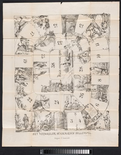 Cartoon no almanaque estudantil de Leiden, 1874 O divertido jogo de bullying acadêmico (título no objeto) de Fransen van de Putte