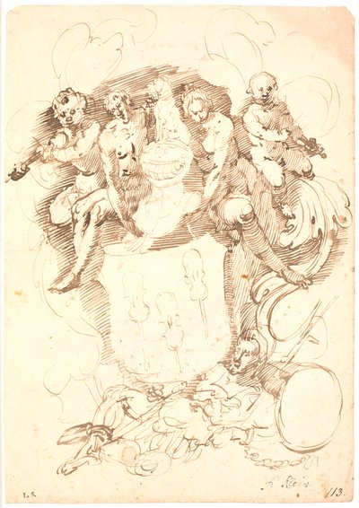 Composição heráldica: brasão com três violinos virados para cima, capacete com coroa de cachorro, cercado por duas figuras e dois putti tocadores de violino, todo apoiado em figura masculina reclinada (Netuno?) de Frantz Cleyn