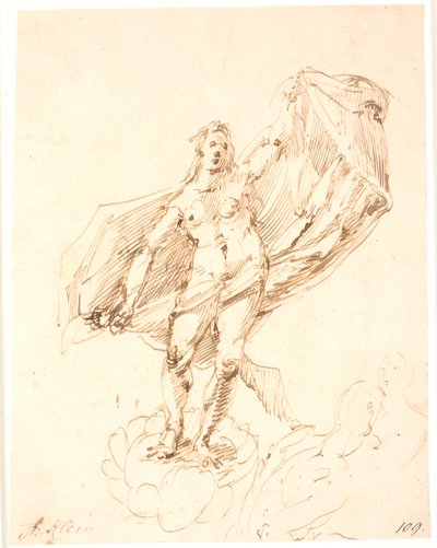 Mulher que, com um grande movimento, desdobra uma cortina atrás dela. Abaixo do arranhão direito de dois ignudi de Frantz Cleyn