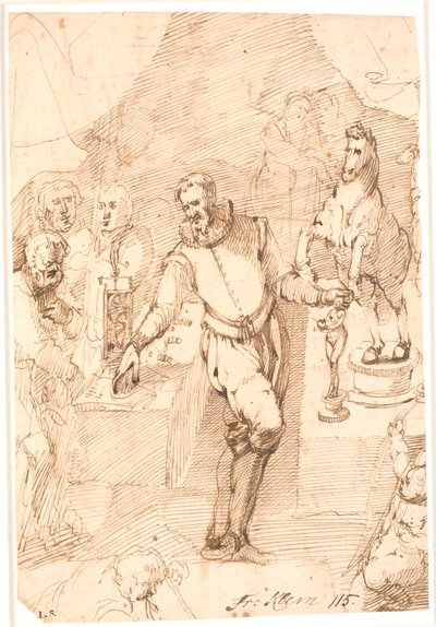 Homem de pé em traje do século XVI, no quarto, entre duas mesas com esculturas e um relógio, moedas etc. e outras sete ou oito pessoas de Frantz Cleyn