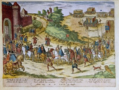Entrada do Duque Fernando Álvare de Toledo ou Fernando Alvarez de Toledo y Pimentel (1508-1582), 3º Duque de Alba de Tormes, em Bruxelas a 08/08/1567 com o exército espanhol. 1653 Gravura de Franz Hogenberg (1535-1590) Gabinete de Gravuras, B.N., Paris. de Franz (after) Hogenberg