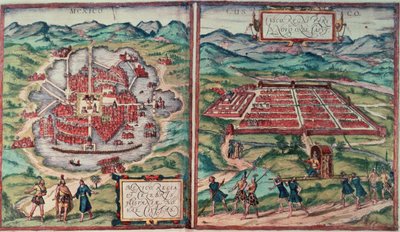 Planos da Cidade do México, México e Cusco City, Peru, de "Voyage Pittoresque" de Carl Nebel (gravura colorida) (ver 141102) de Franz (after) Hogenberg
