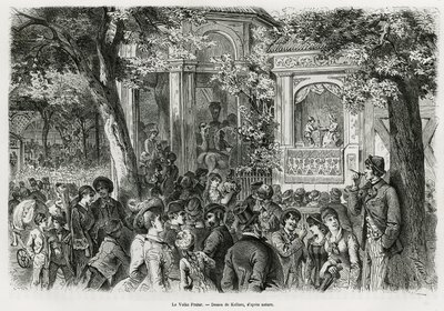 O Volks Prater: parte popular do prater principal, oferecendo inúmeras distracções, circo, orquestra e espectáculo de marionetas. Gravura de Kollarz, para ilustrar a história de Viena e seus arredores, de M. Newlinski, em 1881, publicada no Tour du monde,  de Franz (after) Kollarz