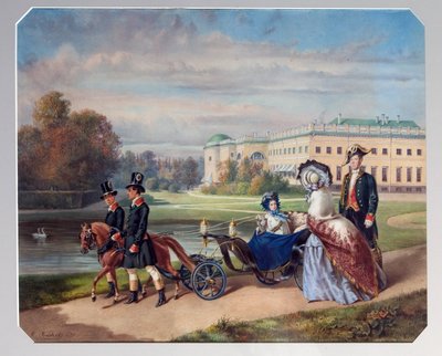 O passeio da Grã-Duquesa Maria Alexandrovna da Rússia (1853-1920). Numa pequena carruagem puxada por um pónei, ela caminha no parque de Tsarkoye Selo, a residência de verão da família imperial em São Petersburgo. Trabalho de Franz Teichel (1816 de Franz (after) Teichel