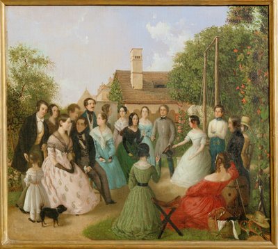 Pfaenderspiele der Familienmitglieder Alt im Garten - Um jogo de perdas no jardim da família Alt ... (pintura sobre tela) de Franz Alt