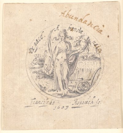 Abundância como uma figura feminina em pé com cornucópia e palma da paz. Emoldurado circularmente de Franz Aspruck
