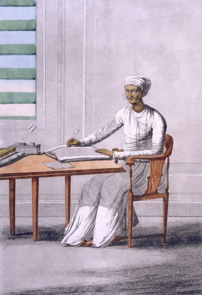 Um causto (clerkscribe), de "Os Hindus ou a Descrição de seus Costumes e Cerimônias", pub. 1808-12 (gravura colorida) de Franz Balthazar Solvyns
