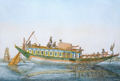 Badjera, embarcação fluvial cabinada com um grande leme de leme, de "The Hindus, ou a descrição de suas maneiras, trajes e cerimônias", c.1808-12 (gravura colorida) de Franz Balthazar Solvyns