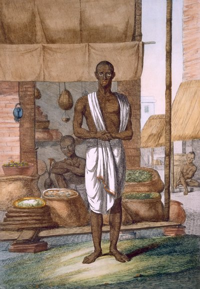 Mercearia fora de sua loja com mercadorias em sacos, de "Os hindus, ou a descrição de suas maneiras, trajes e cerimônias", c.1808-12 (gravura colorida) de Franz Balthazar Solvyns