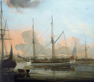O navio "Charlotte" de Chittagong, Bangladesh, e outros navios, ancorados no rio Hugli (Índia), em Calcutá. Óleo sobre tela de Franz Balthazar Solvyns