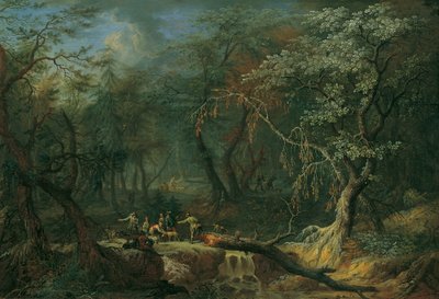 Paisagem da floresta com uma árvore caída e caçadores de Franz Christoph Janneck