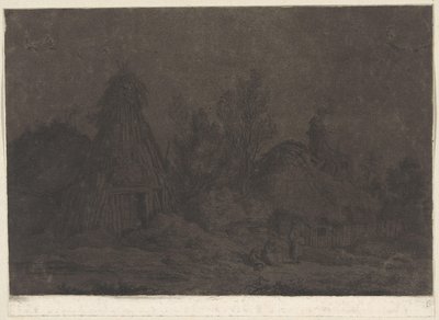 Cena ao luar com figuras em frente de uma cabana
XII Vues de la Normandie (título da série) de Franz Edmund Weirotter