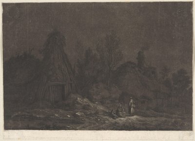 Cena do luar com figuras na frente de uma cabana XII Vues de la Normandie (título da série) de Franz Edmund Weirotter
