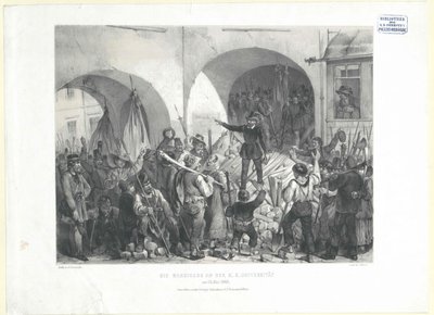 A barricada na Universidade K. K. em 26. maio de 1848 (litografia) de Franz Gerasch