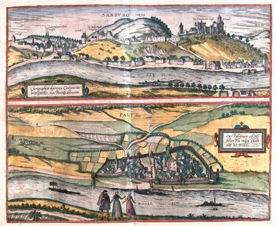 Visão exata da cidade de Saarburg e da cidade de Pfaltz an der Mosel, Alemanha (gravura de Franz Hogenberg