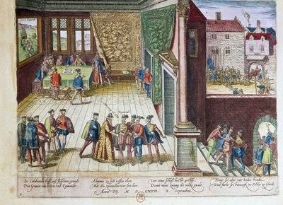 Prisão de Lamoral, conde de Egmont (1522-1568) e Philippe de Montmorency (1524-1568), conde de Hornes (Hoorn) pela sua posição contra o rei Philippe II de Espanha (1527-1598). Foram executados em 1568 (canto superior direito) 1653 Impressão por F de Franz Hogenberg