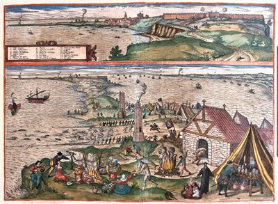 Cádiz, Espanha.(Alto: a capela de São Sebastião, em baixo: A indústria de pesca de atum de Cádis. No centro, as torres de vigia (gravura de Franz Hogenberg