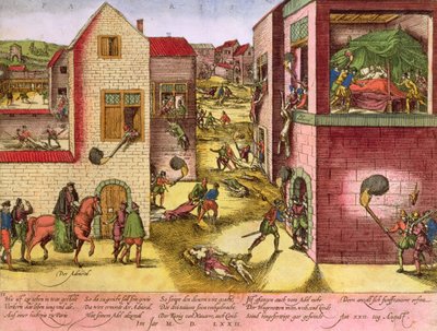Morte do almirante Gaspard II de Coligny (1519-1772) na época do massacre de São Bartolomeu em 1572 (ver 158612 para bw) de Franz Hogenberg