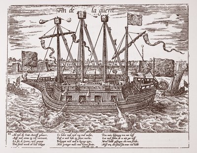 &39;Fin de la Guerre&39;, navio de guerra construído para as Províncias Unidas, 1585 de Franz Hogenberg