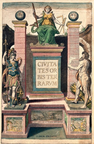 Frontispício do primeiro volume: alegoria da geografia, uma mulher segurando comppas, quadrado e régua, truncando sobre um soldado feminino e um homem nu (gravura de Franz Hogenberg