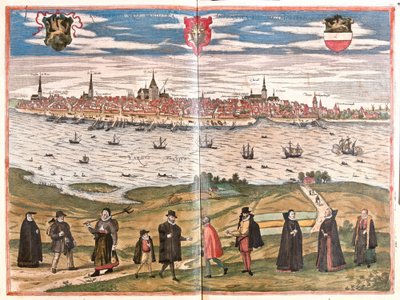 Vista geral de Rostock, Alemanha (gravura de Franz Hogenberg